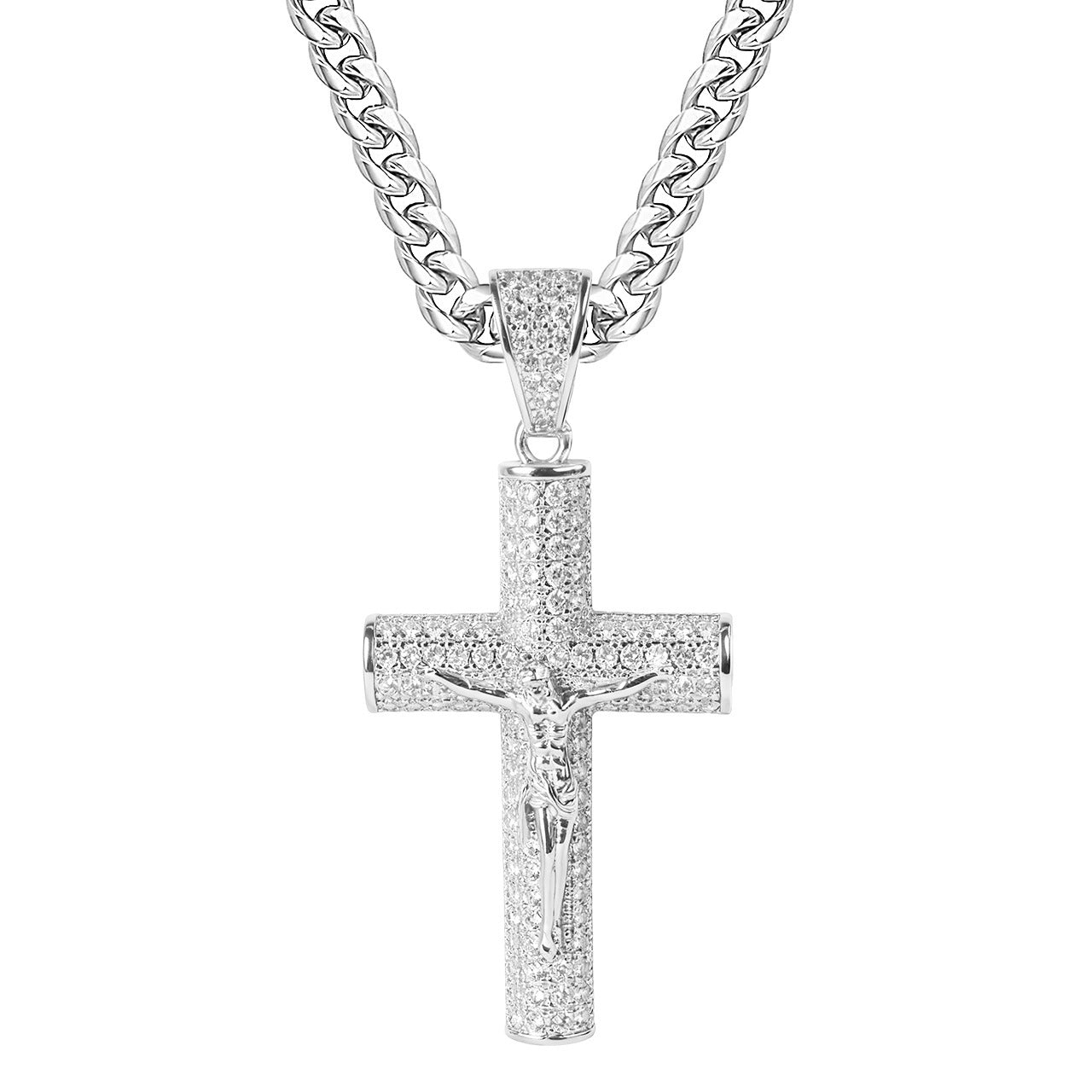 Large Diamond-Encrusted Cross Gold-Plated Zircon Necklace