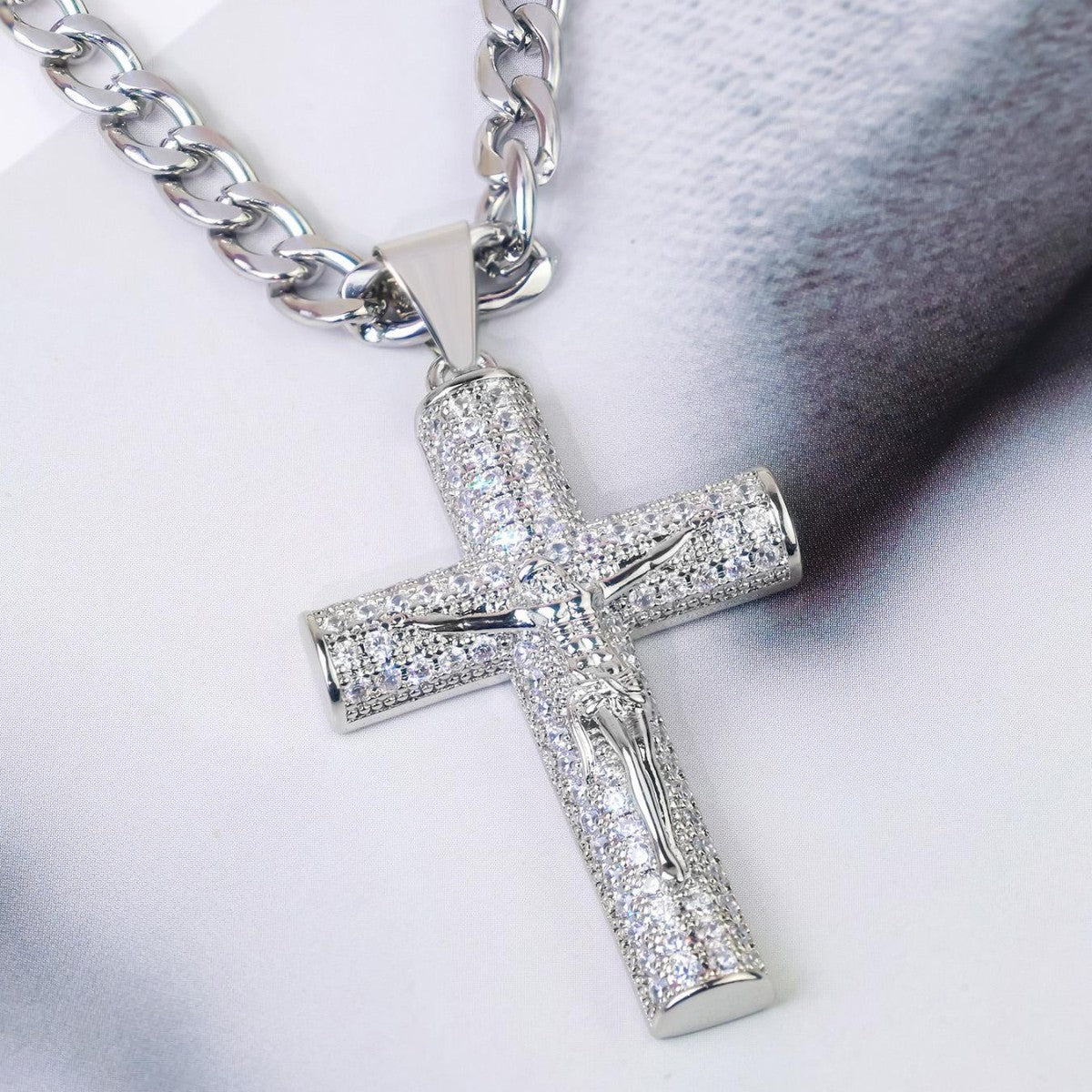 Large Diamond-Encrusted Cross Gold-Plated Zircon Necklace