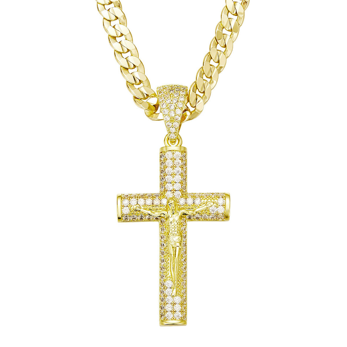 Large Diamond-Encrusted Cross Gold-Plated Zircon Necklace