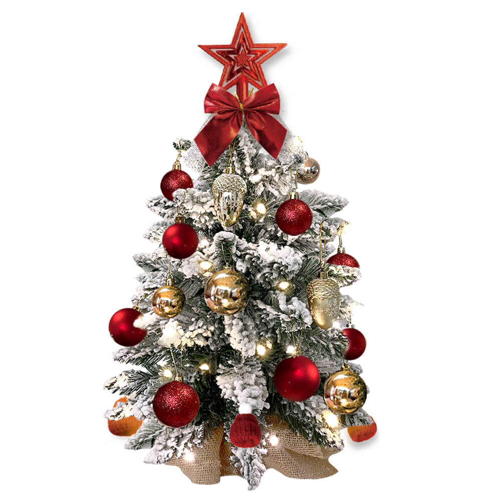 22in Tabletop Artificial Mini Red Christmas Tree With Light With Flocked Snow