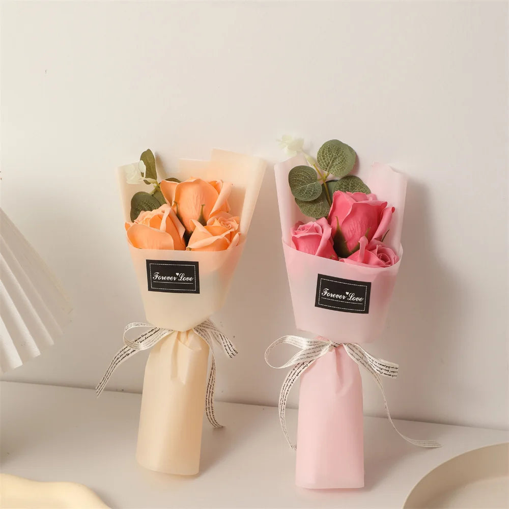 Mini  Rose Soap Flower Bouquet With Box Pink Flowers Valentine'S Day Gift Wedding Bride Decoration 3 Heads Artificial Flowers