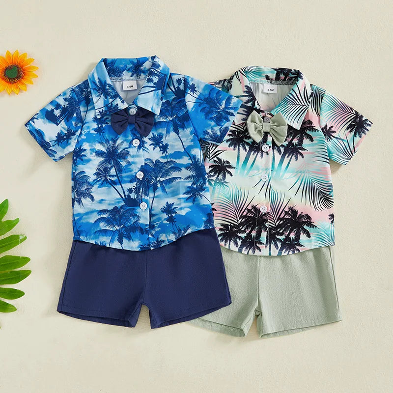 Little Boy s Dapper Ensemble Hawaiian Print Shirt with Bow Tie and Coordinating Shorts - Perfect for Summer Getaways and