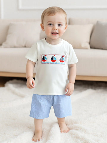 Adorable Baby Boys Nautical Theme Outfit with Boat Embroidery Short Sleeves T-Shirt and Plaid Shorts - 2 Piece Summer