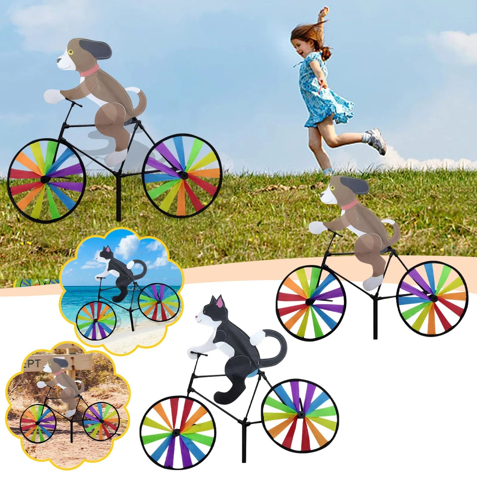 Animal Riding Three-Dimensional Cartoon Modelling Windmill Creative Bicycle Wind Spinners Standing Pole Garden Yard Decoration