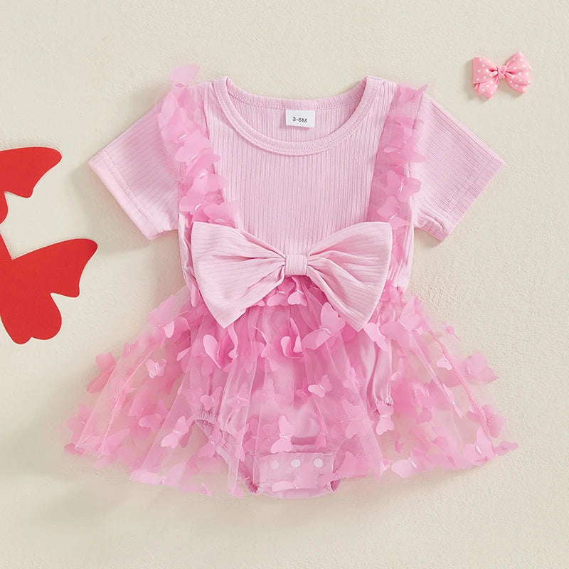 Infant Girls Rompers with Round Neck Short Sleeves and Butterfly Decorated Skirt Hem - Adorable Bodysuits for Your Little One