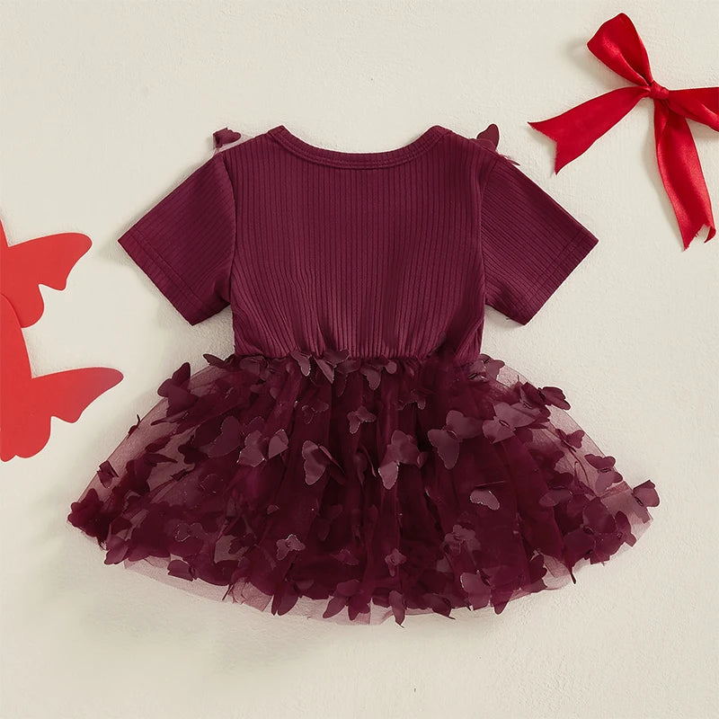 Infant Girls Rompers with Round Neck Short Sleeves and Butterfly Decorated Skirt Hem - Adorable Bodysuits for Your Little One