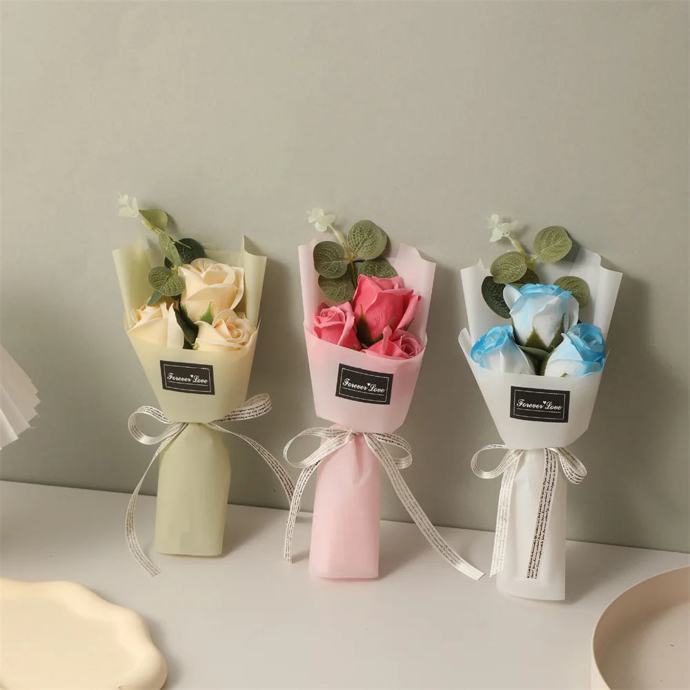 Mini  Rose Soap Flower Bouquet With Box Pink Flowers Valentine'S Day Gift Wedding Bride Decoration 3 Heads Artificial Flowers
