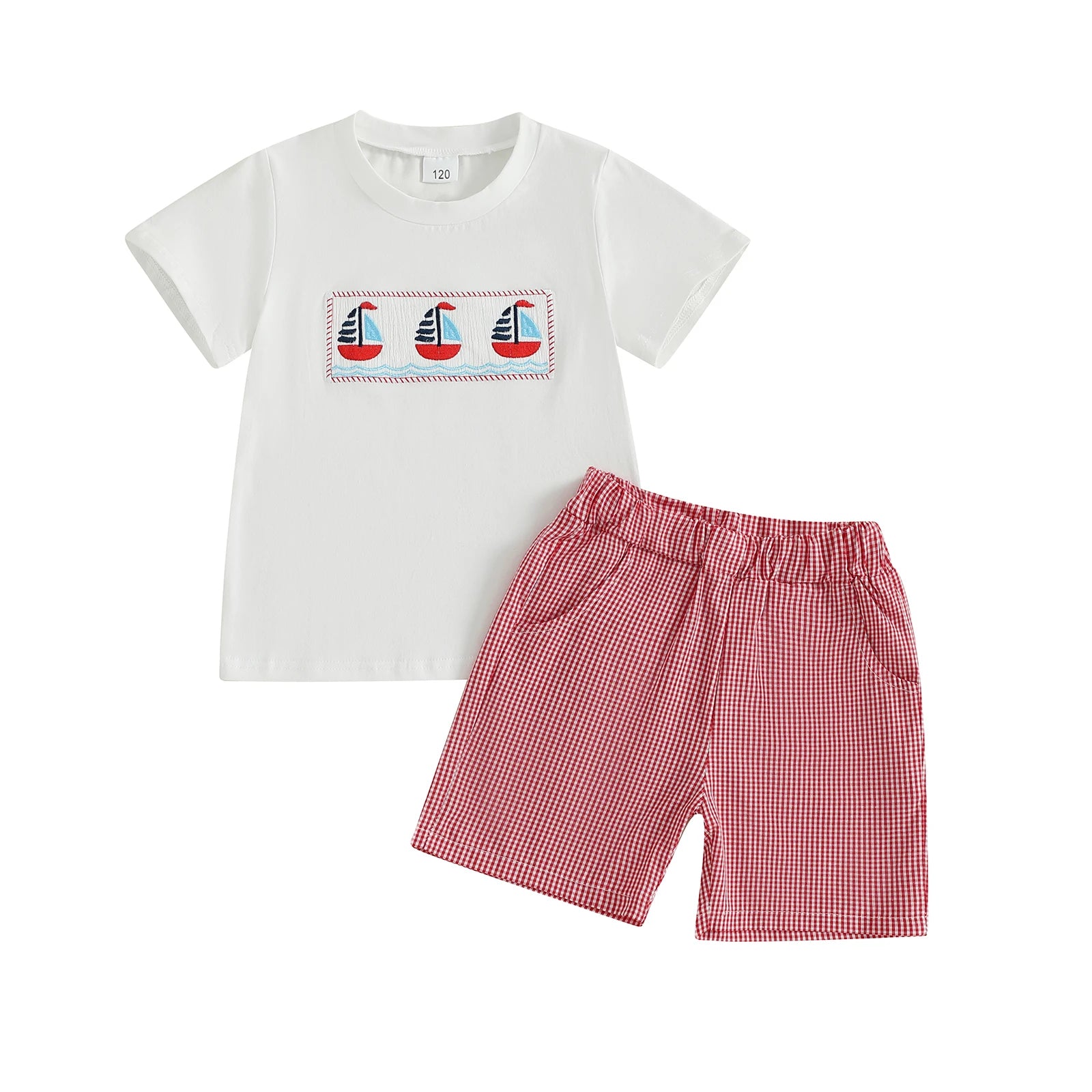 Adorable Baby Boys Nautical Theme Outfit with Boat Embroidery Short Sleeves T-Shirt and Plaid Shorts - 2 Piece Summer