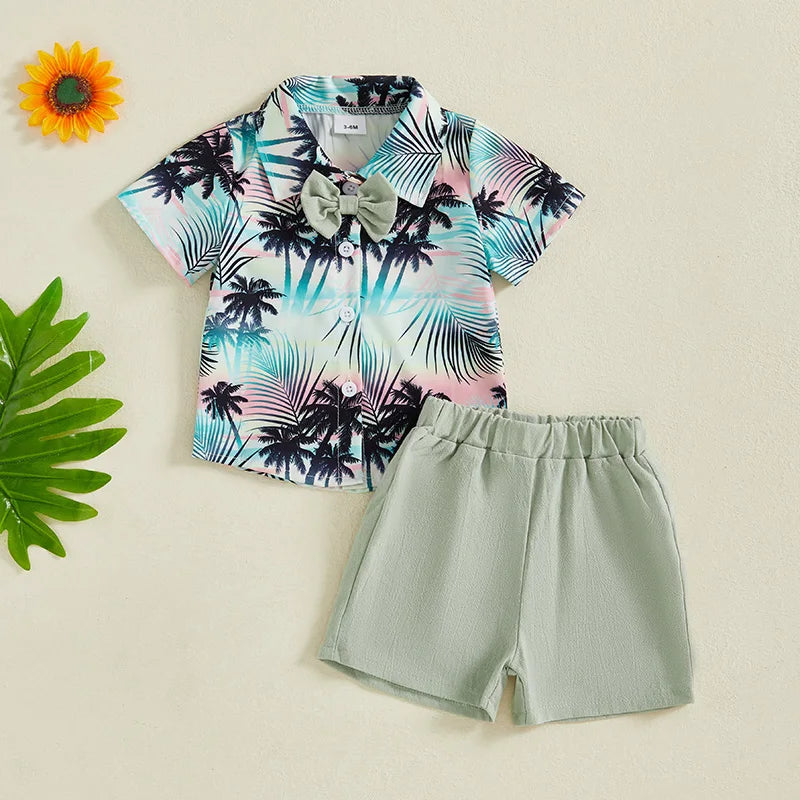 Little Boy s Dapper Ensemble Hawaiian Print Shirt with Bow Tie and Coordinating Shorts - Perfect for Summer Getaways and
