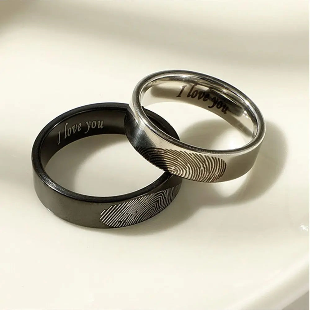 1 Pair Valentine's Day Couple Rings Heart Fingerprint Stainless Steel Charm Rings Fashion Jewelry Accessories For Lovers