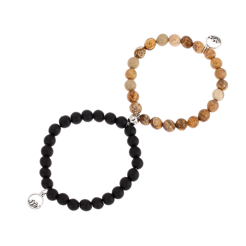 Beads Bracelet Mountain Sea Forever Love Relationship Natural  Stone 8mm Magnet Clasp For Dear One Gift On Valentine's Day 2psc