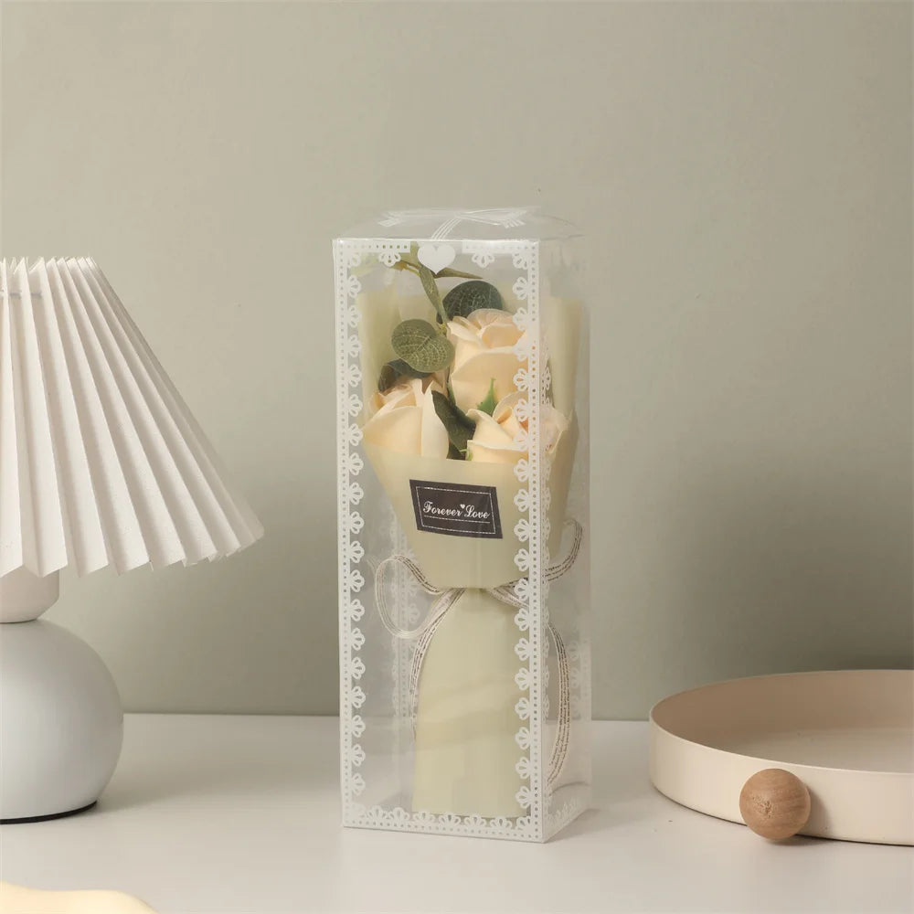 Mini  Rose Soap Flower Bouquet With Box Pink Flowers Valentine'S Day Gift Wedding Bride Decoration 3 Heads Artificial Flowers