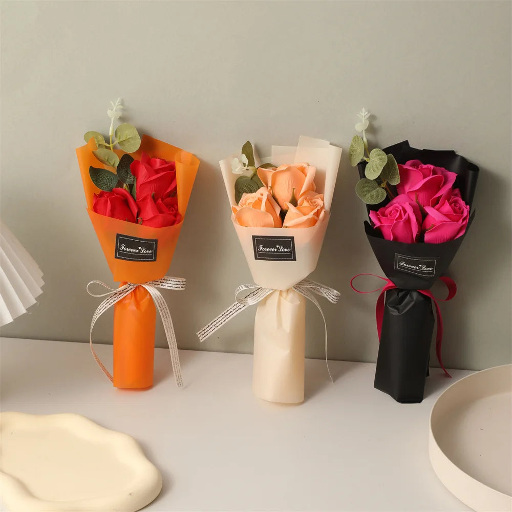 Mini  Rose Soap Flower Bouquet With Box Pink Flowers Valentine'S Day Gift Wedding Bride Decoration 3 Heads Artificial Flowers
