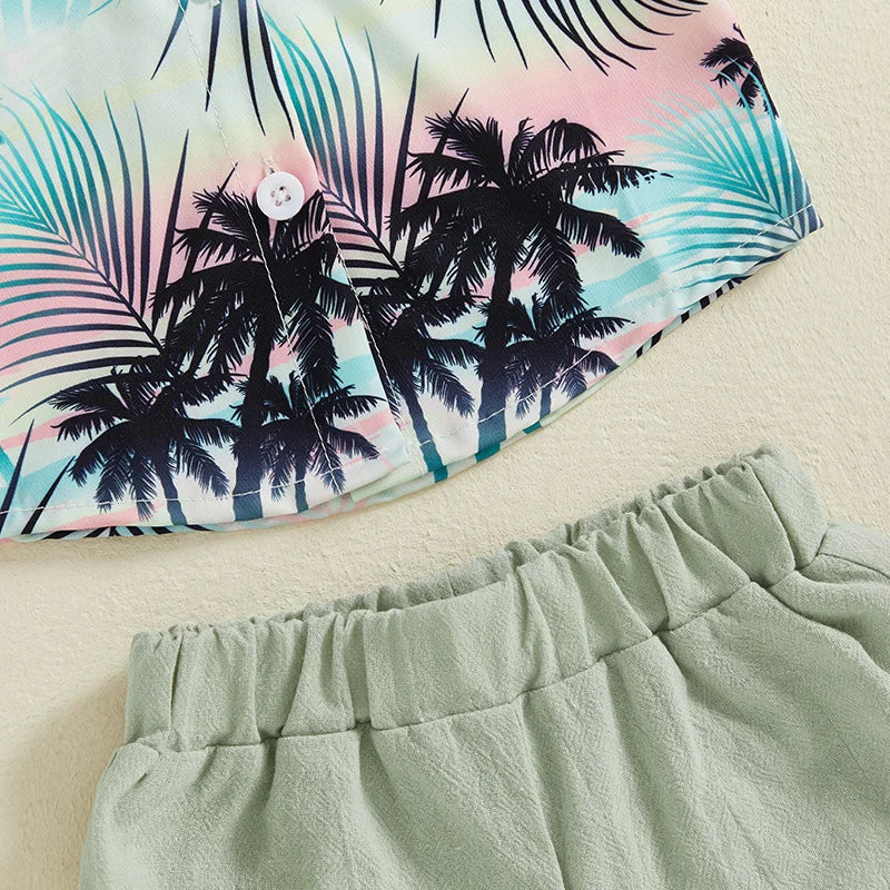 Little Boy s Dapper Ensemble Hawaiian Print Shirt with Bow Tie and Coordinating Shorts - Perfect for Summer Getaways and