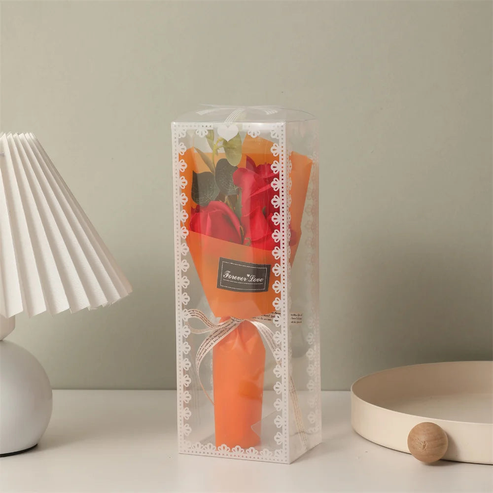 Mini  Rose Soap Flower Bouquet With Box Pink Flowers Valentine'S Day Gift Wedding Bride Decoration 3 Heads Artificial Flowers