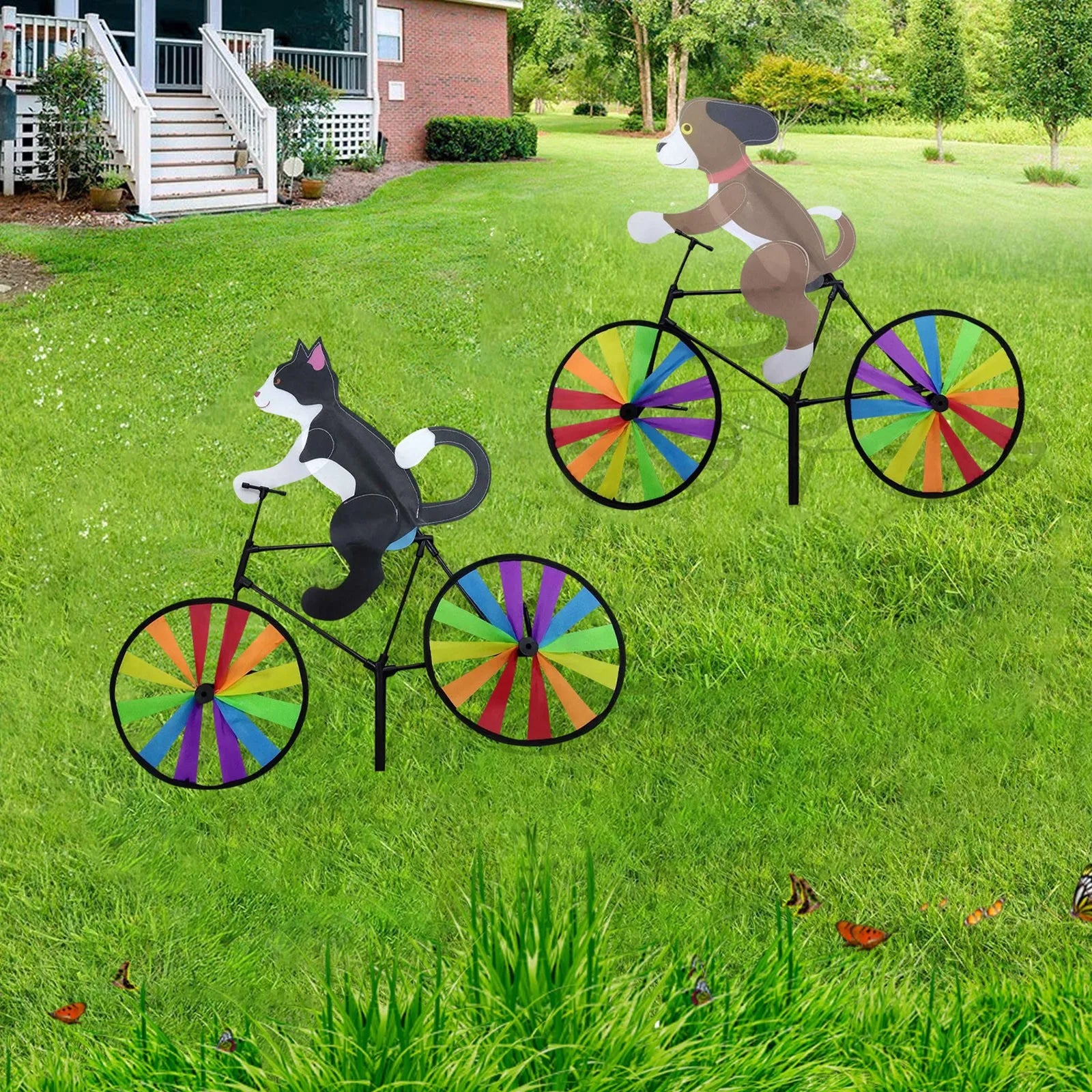 Animal Riding Three-Dimensional Cartoon Modelling Windmill Creative Bicycle Wind Spinners Standing Pole Garden Yard Decoration