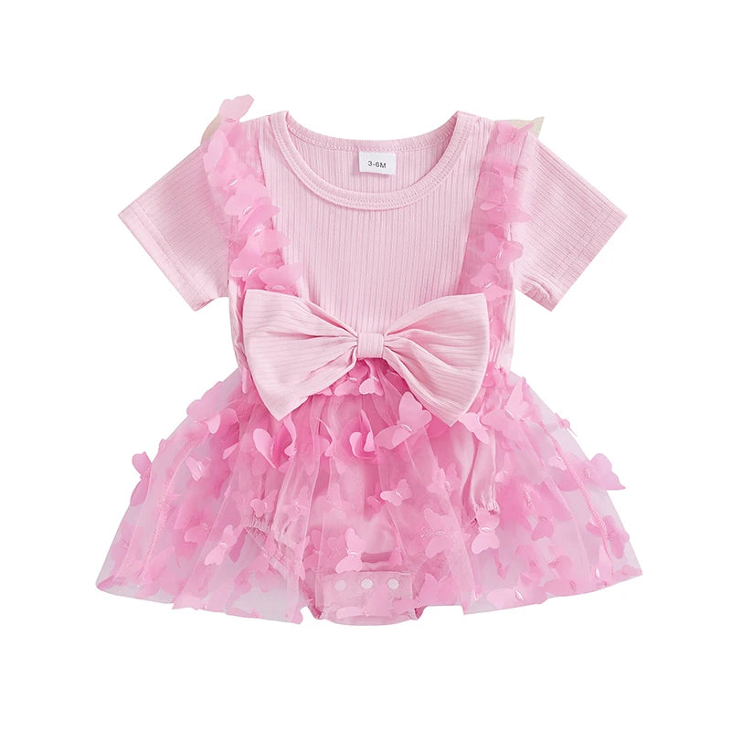 Infant Girls Rompers with Round Neck Short Sleeves and Butterfly Decorated Skirt Hem - Adorable Bodysuits for Your Little One