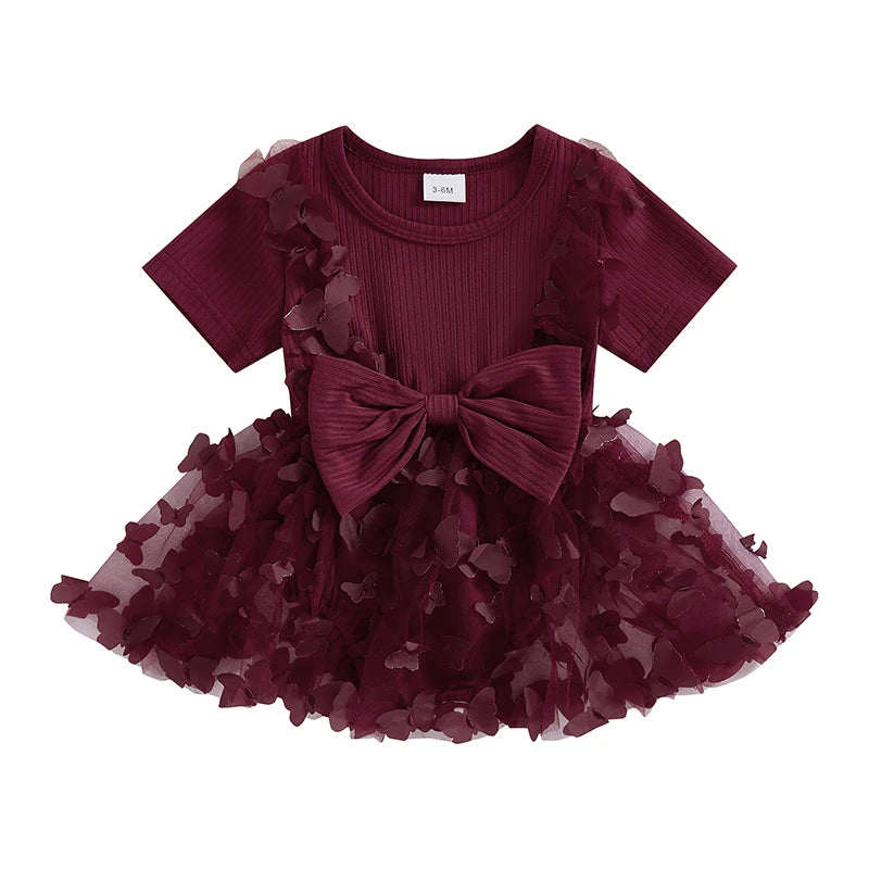 Infant Girls Rompers with Round Neck Short Sleeves and Butterfly Decorated Skirt Hem - Adorable Bodysuits for Your Little One