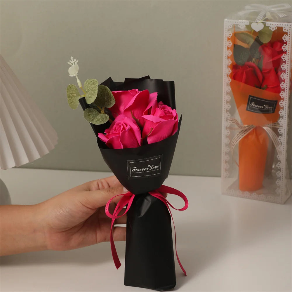 Mini  Rose Soap Flower Bouquet With Box Pink Flowers Valentine'S Day Gift Wedding Bride Decoration 3 Heads Artificial Flowers