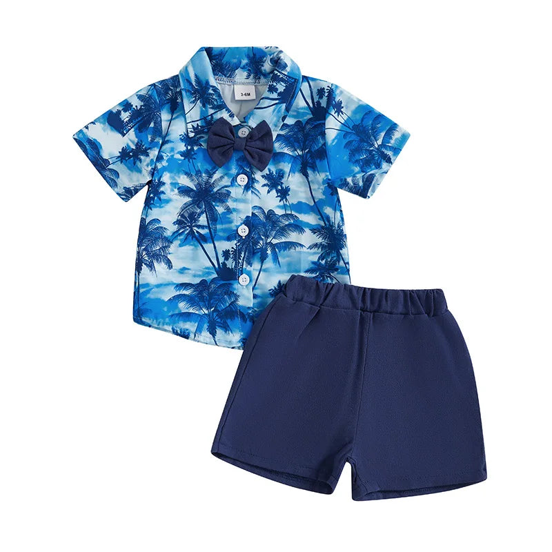Little Boy s Dapper Ensemble Hawaiian Print Shirt with Bow Tie and Coordinating Shorts - Perfect for Summer Getaways and