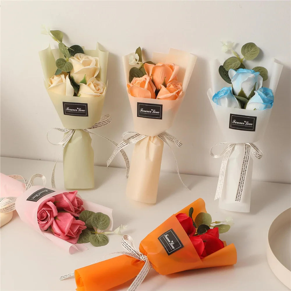 Mini  Rose Soap Flower Bouquet With Box Pink Flowers Valentine'S Day Gift Wedding Bride Decoration 3 Heads Artificial Flowers