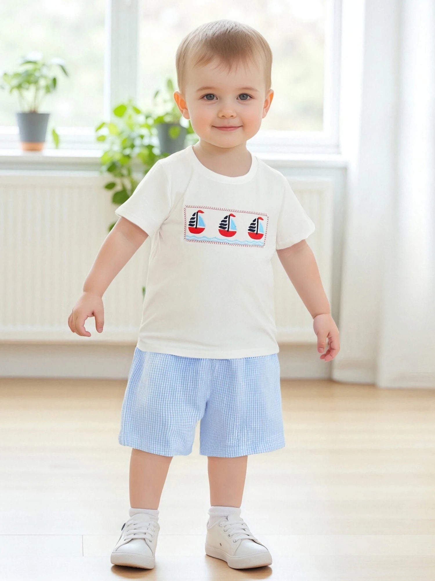 Adorable Baby Boys Nautical Theme Outfit with Boat Embroidery Short Sleeves T-Shirt and Plaid Shorts - 2 Piece Summer