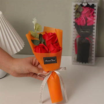 Mini  Rose Soap Flower Bouquet With Box Pink Flowers Valentine'S Day Gift Wedding Bride Decoration 3 Heads Artificial Flowers