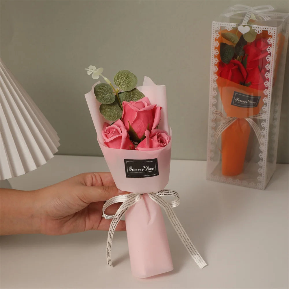 Mini  Rose Soap Flower Bouquet With Box Pink Flowers Valentine'S Day Gift Wedding Bride Decoration 3 Heads Artificial Flowers