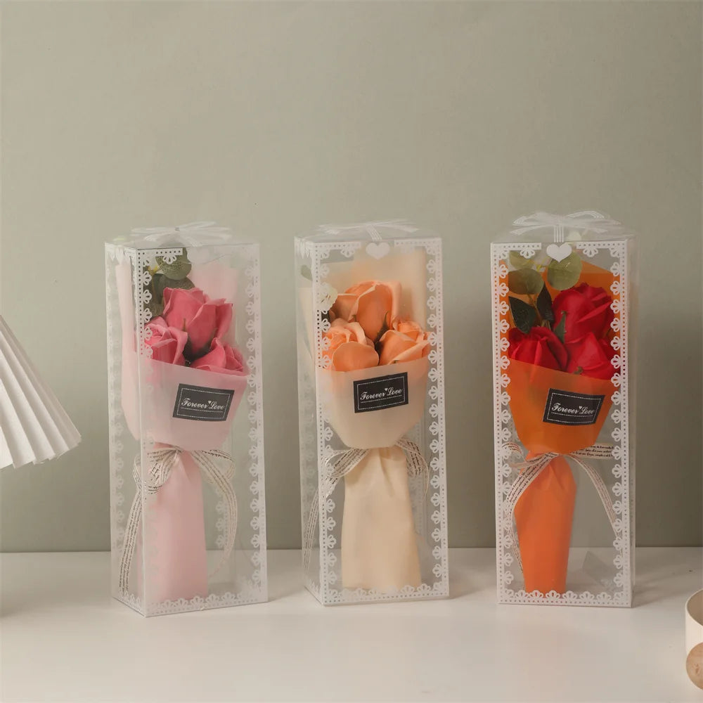 Mini  Rose Soap Flower Bouquet With Box Pink Flowers Valentine'S Day Gift Wedding Bride Decoration 3 Heads Artificial Flowers
