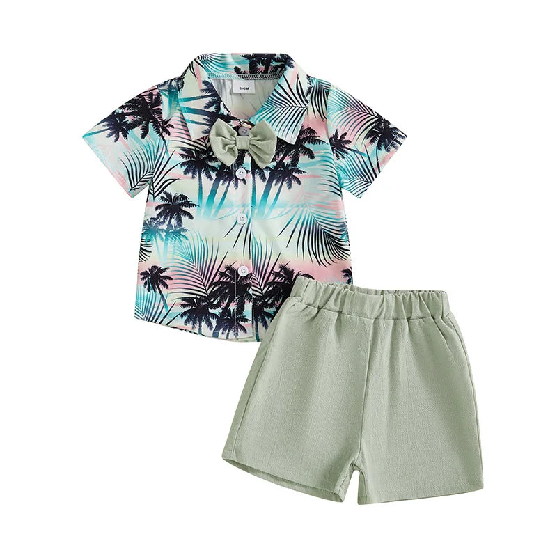 Little Boy s Dapper Ensemble Hawaiian Print Shirt with Bow Tie and Coordinating Shorts - Perfect for Summer Getaways and