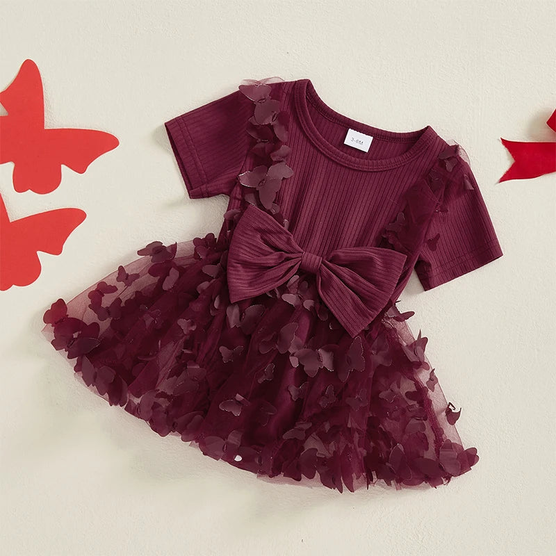 Infant Girls Rompers with Round Neck Short Sleeves and Butterfly Decorated Skirt Hem - Adorable Bodysuits for Your Little One