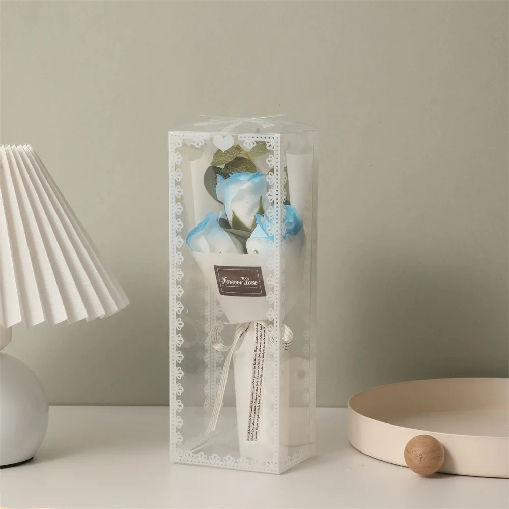 Mini  Rose Soap Flower Bouquet With Box Pink Flowers Valentine'S Day Gift Wedding Bride Decoration 3 Heads Artificial Flowers