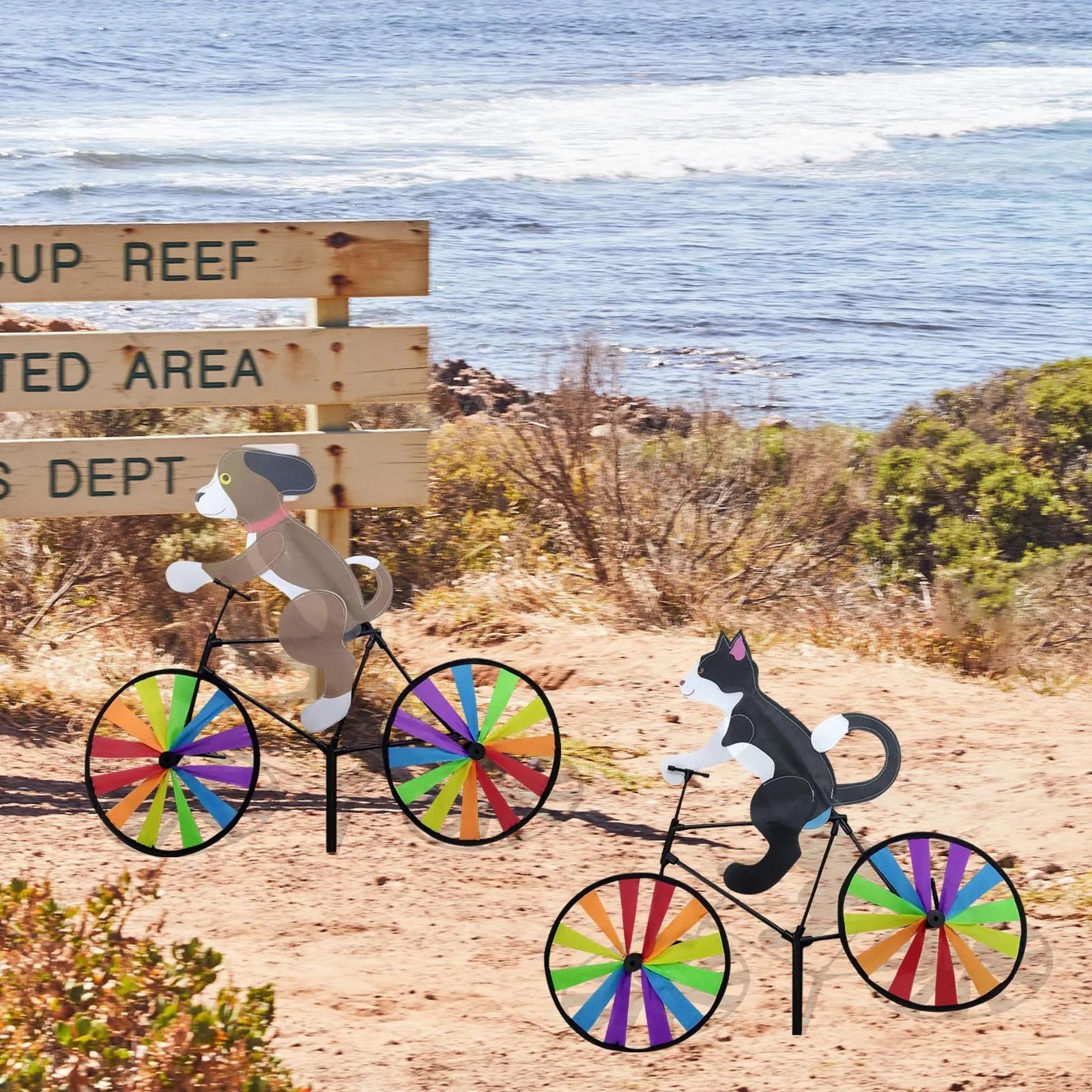 Animal Riding Three-Dimensional Cartoon Modelling Windmill Creative Bicycle Wind Spinners Standing Pole Garden Yard Decoration