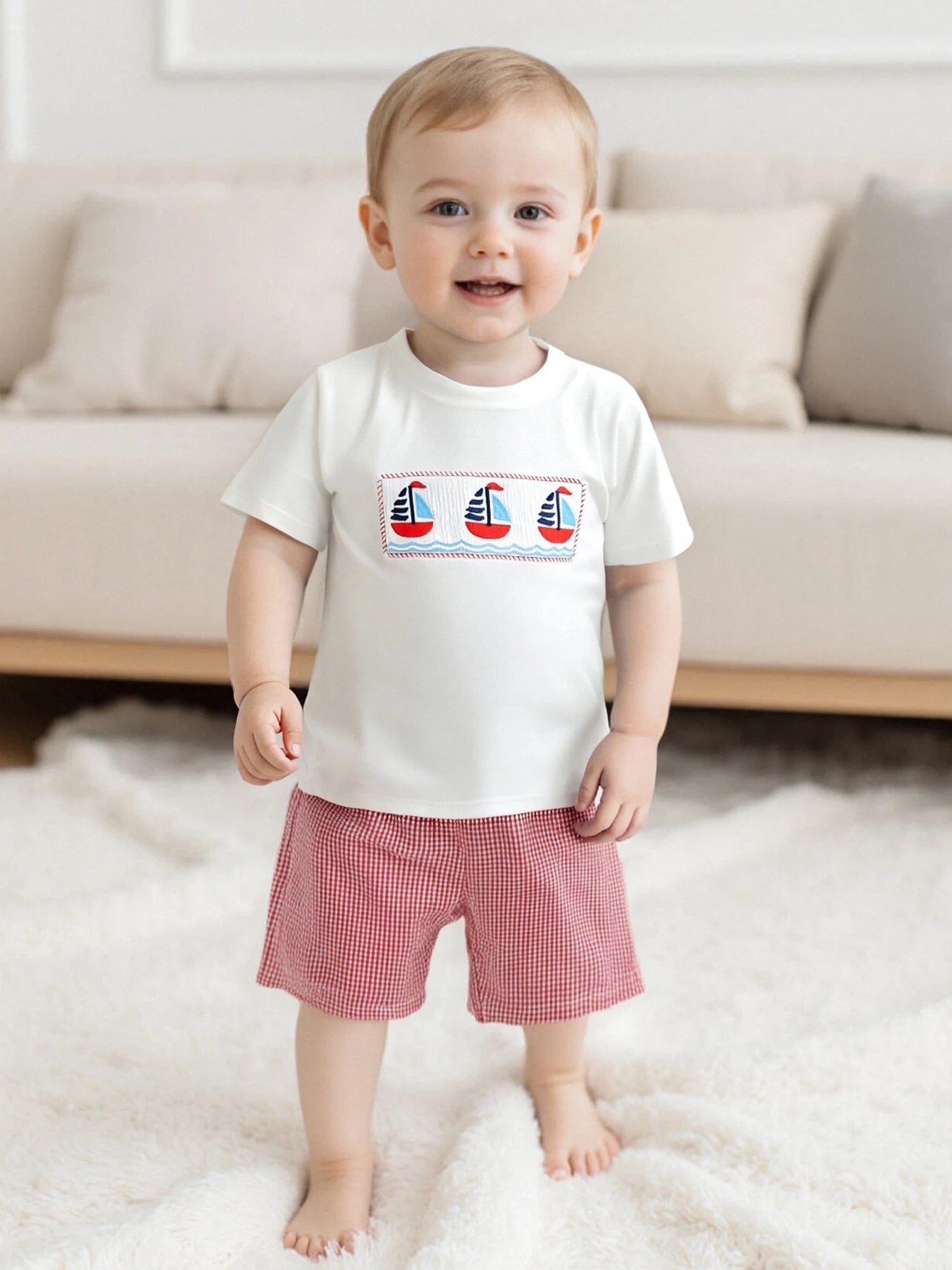 Adorable Baby Boys Nautical Theme Outfit with Boat Embroidery Short Sleeves T-Shirt and Plaid Shorts - 2 Piece Summer