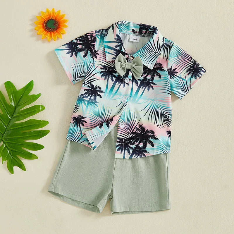 Little Boy s Dapper Ensemble Hawaiian Print Shirt with Bow Tie and Coordinating Shorts - Perfect for Summer Getaways and