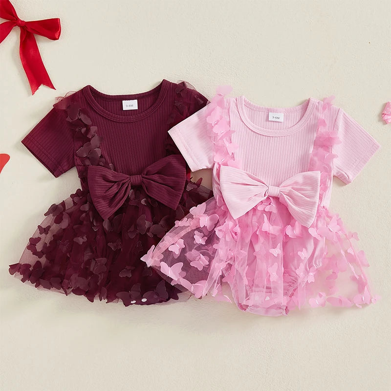 Infant Girls Rompers with Round Neck Short Sleeves and Butterfly Decorated Skirt Hem - Adorable Bodysuits for Your Little One