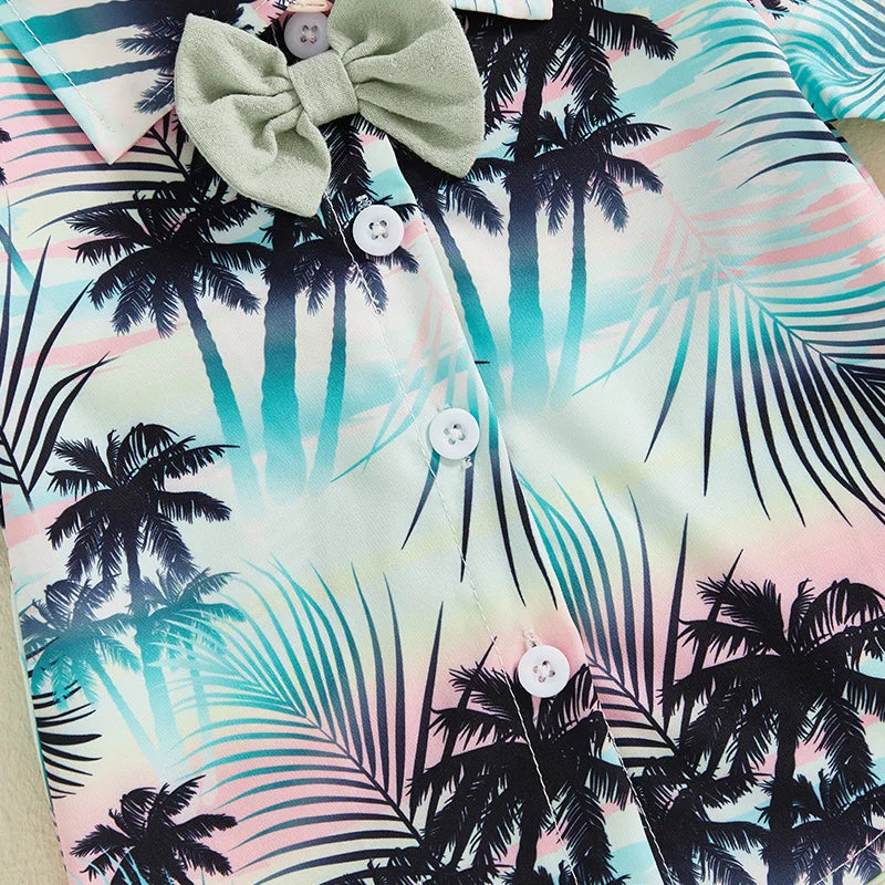 Little Boy s Dapper Ensemble Hawaiian Print Shirt with Bow Tie and Coordinating Shorts - Perfect for Summer Getaways and
