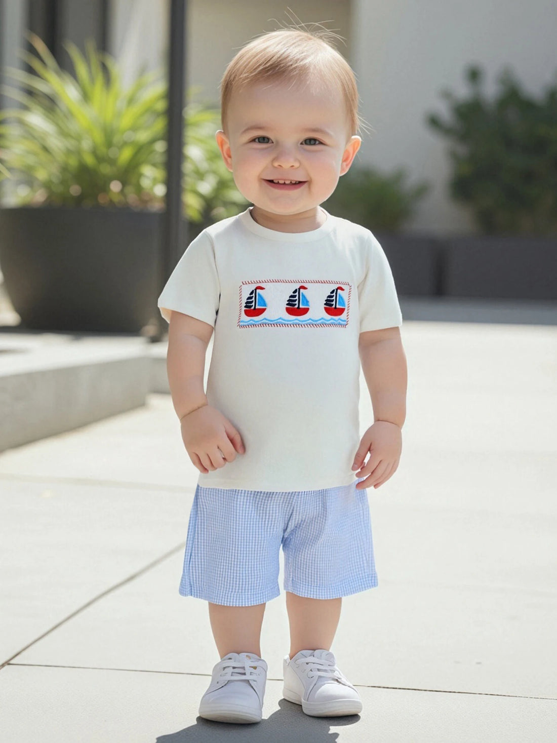 Adorable Baby Boys Nautical Theme Outfit with Boat Embroidery Short Sleeves T-Shirt and Plaid Shorts - 2 Piece Summer