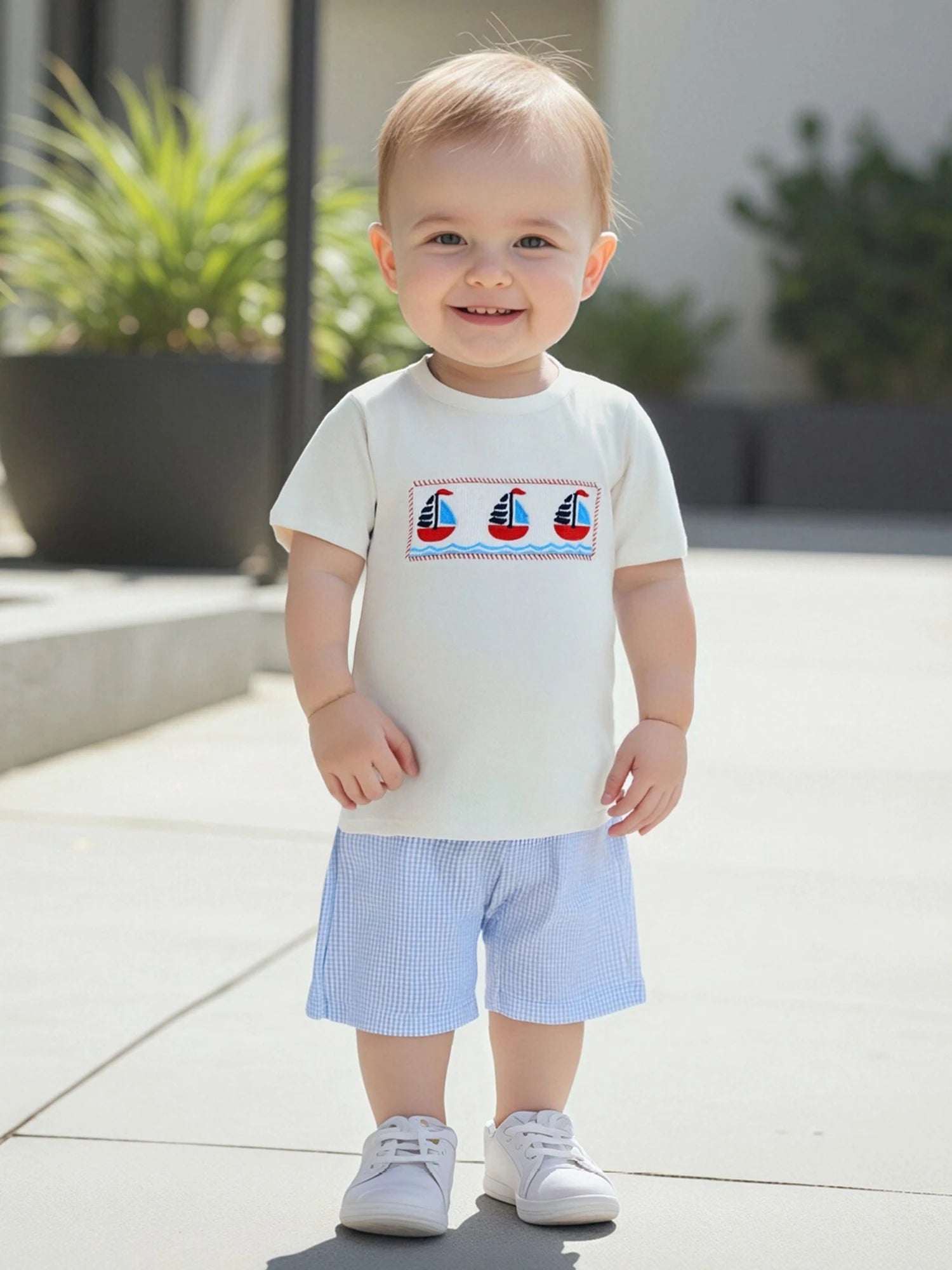Adorable Baby Boys Nautical Theme Outfit with Boat Embroidery Short Sleeves T-Shirt and Plaid Shorts - 2 Piece Summer