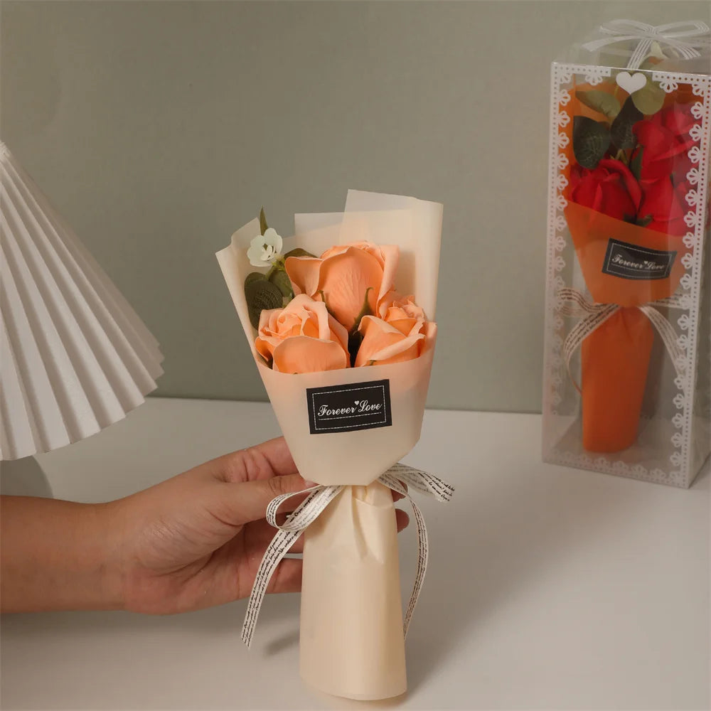 Mini  Rose Soap Flower Bouquet With Box Pink Flowers Valentine'S Day Gift Wedding Bride Decoration 3 Heads Artificial Flowers