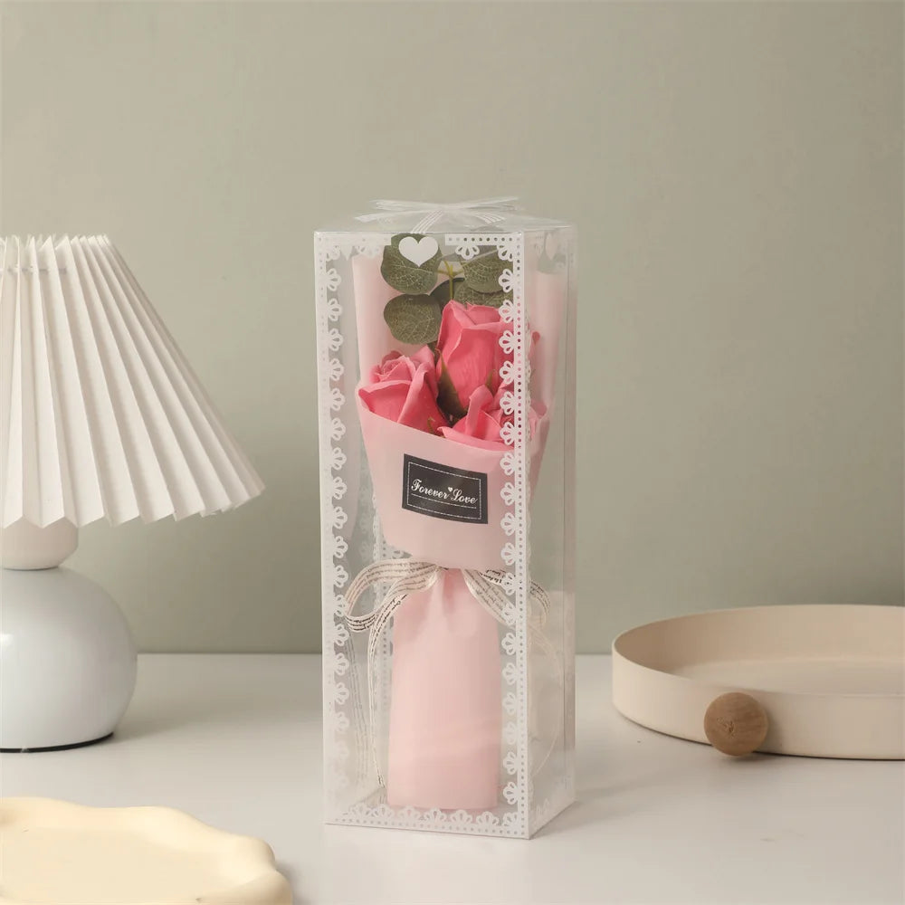 Mini  Rose Soap Flower Bouquet With Box Pink Flowers Valentine'S Day Gift Wedding Bride Decoration 3 Heads Artificial Flowers