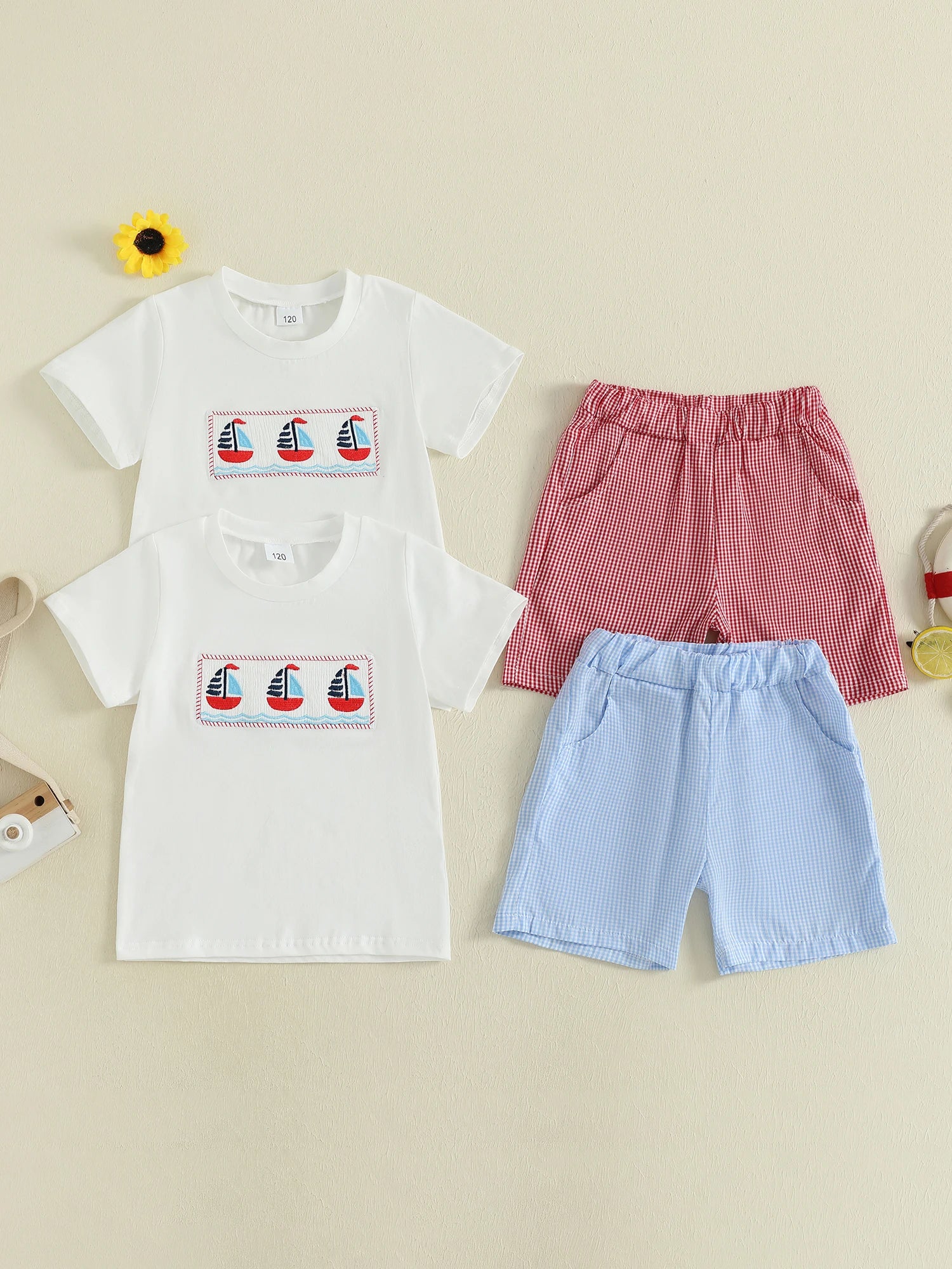 Adorable Baby Boys Nautical Theme Outfit with Boat Embroidery Short Sleeves T-Shirt and Plaid Shorts - 2 Piece Summer