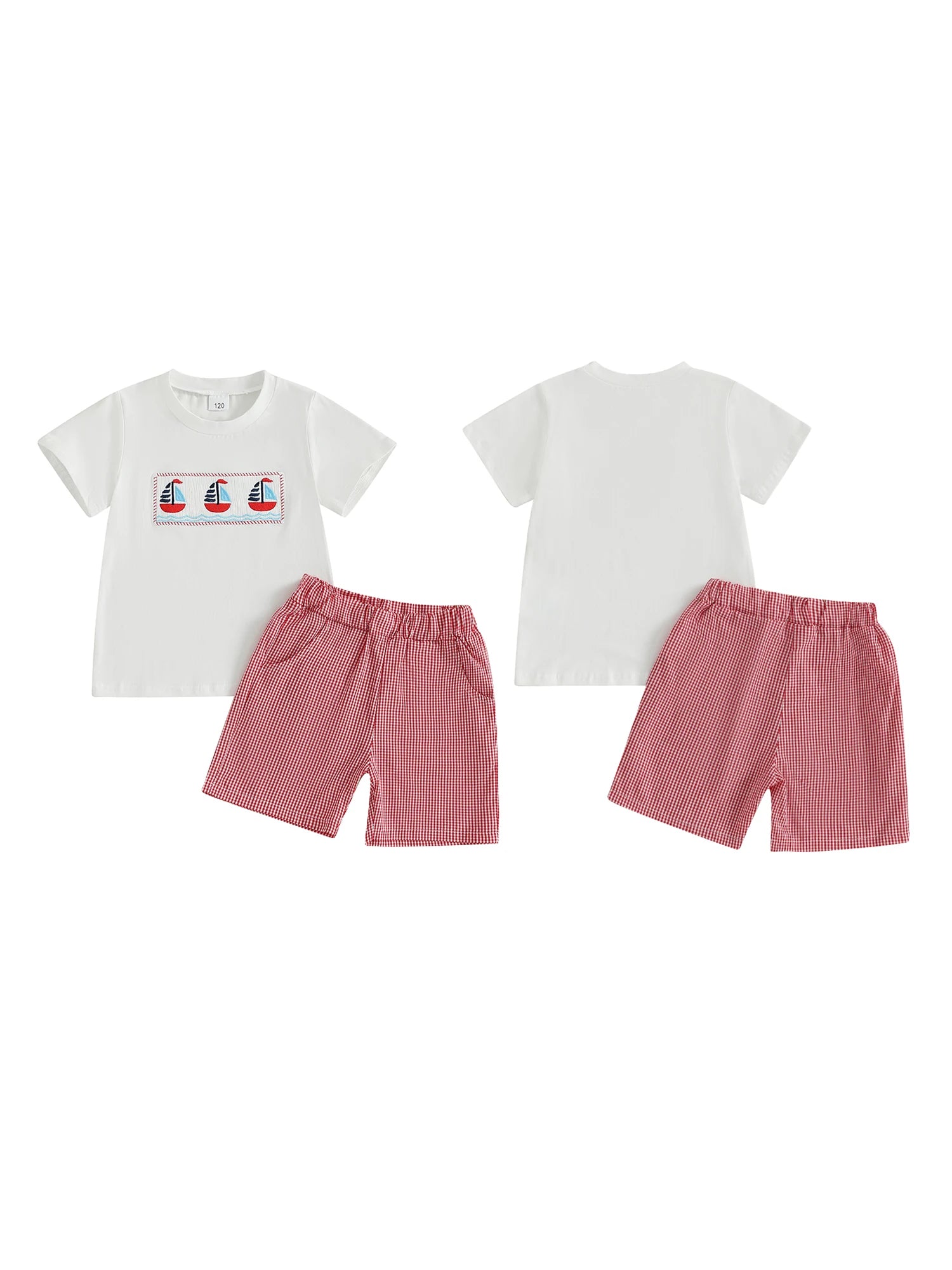Adorable Baby Boys Nautical Theme Outfit with Boat Embroidery Short Sleeves T-Shirt and Plaid Shorts - 2 Piece Summer