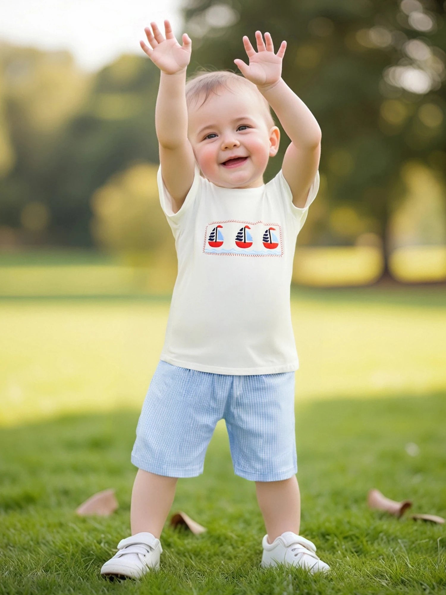 Adorable Baby Boys Nautical Theme Outfit with Boat Embroidery Short Sleeves T-Shirt and Plaid Shorts - 2 Piece Summer
