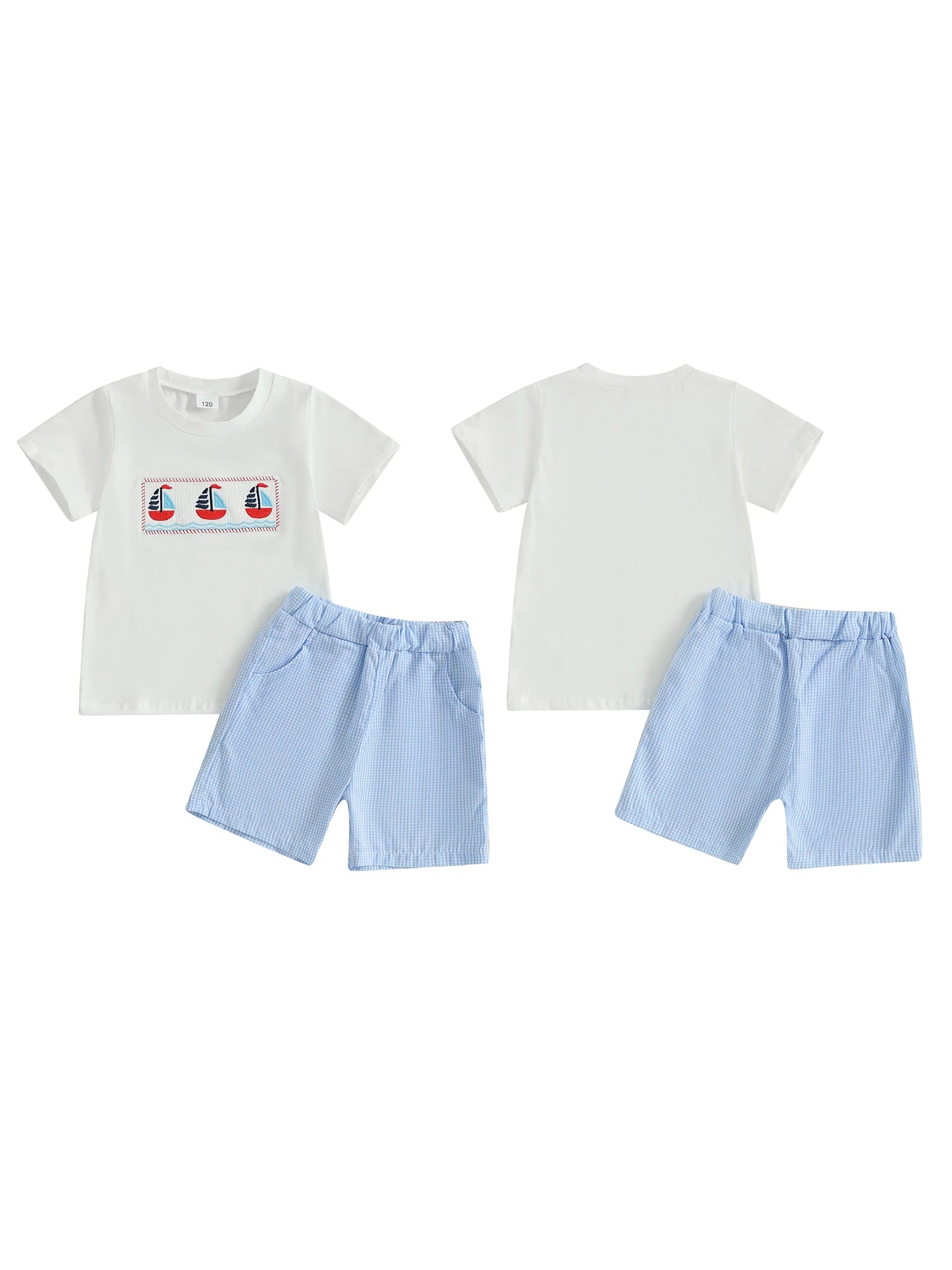 Adorable Baby Boys Nautical Theme Outfit with Boat Embroidery Short Sleeves T-Shirt and Plaid Shorts - 2 Piece Summer