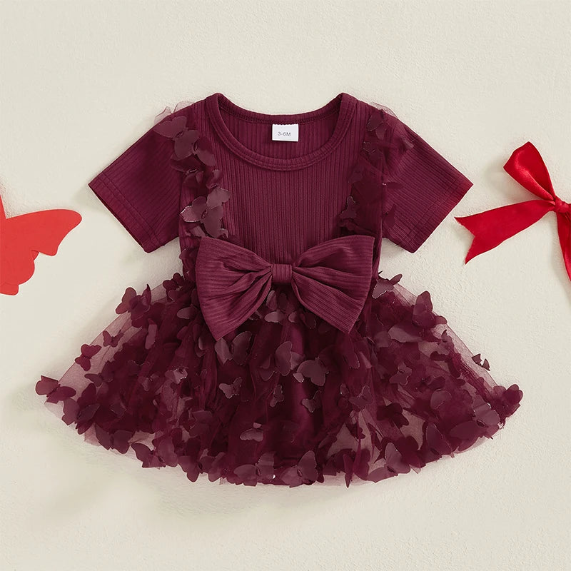 Infant Girls Rompers with Round Neck Short Sleeves and Butterfly Decorated Skirt Hem - Adorable Bodysuits for Your Little One
