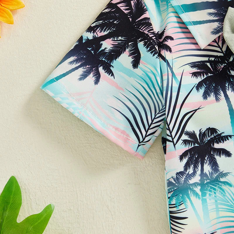 Little Boy s Dapper Ensemble Hawaiian Print Shirt with Bow Tie and Coordinating Shorts - Perfect for Summer Getaways and