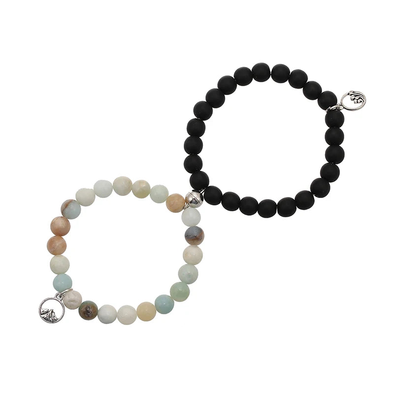 Beads Bracelet Mountain Sea Forever Love Relationship Natural  Stone 8mm Magnet Clasp For Dear One Gift On Valentine's Day 2psc