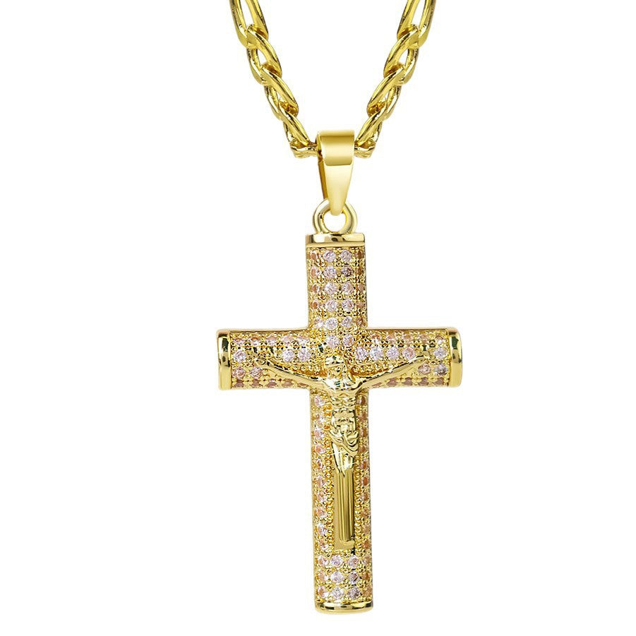 Large Diamond-Encrusted Cross Gold-Plated Zircon Necklace