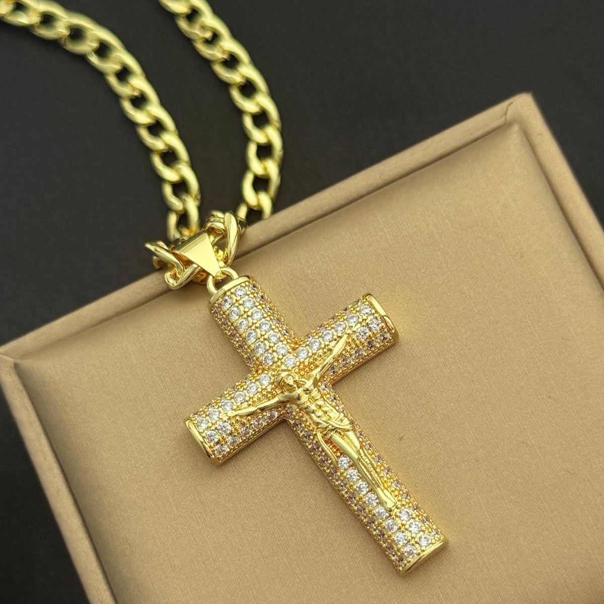 Large Diamond-Encrusted Cross Gold-Plated Zircon Necklace